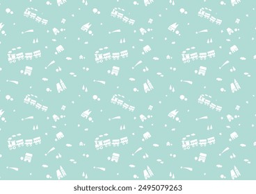 Retro cute green train and railroad pattern background (Japanese 80s style)