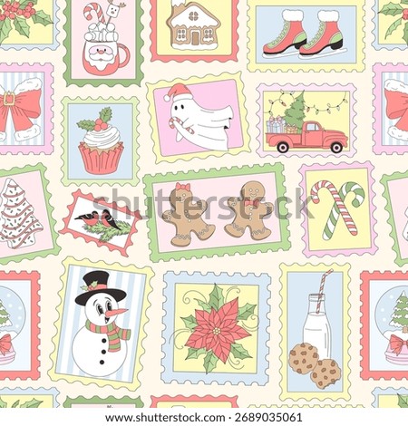 Retro Cute Merry Christmas Postage Stamp Aesthetic seamless pattern. Background for Journaling, Scrapbooking, Digital Planners and Collage Art