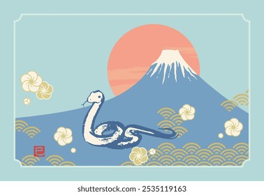 Retro and cute New Year's card template of Mt. Fuji and snake, no greeting text
(The small red seal is the Chinese character for Snake)
