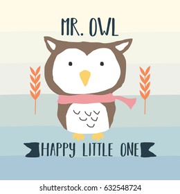 Retro Cute Owl Design for t-shirt, mug, bag lunchbox, wallpaper, wrapper, poster and banner flat design for kids. vector illustration