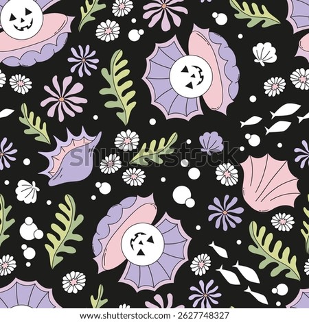 Retro Cute Scary sea shell with pearl sea ghost vector seamless pattern. Spooky Pastel Goth Creepy Halloween Underwater ocean hand drawn background.