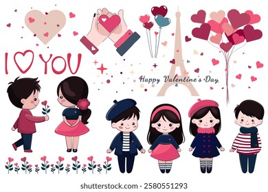 retro cute set of romantic decor elements in flat style. vector simple group with valentine day details. vector template for valentine's day in flat style. vector flat elements for card, poster, posts