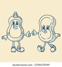 Retro cute soap mascot with a smiling dish soap bottle. Fun, clean  vintage vector illustration for hygiene branding