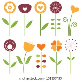 Retro cute spring flowers set isolated on white