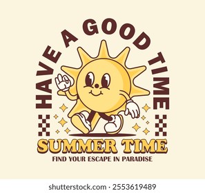Retro cute sun cartoon character, hand-drawn mascot vector illustration for posters, merchandise, t-shirts, stickers, and more