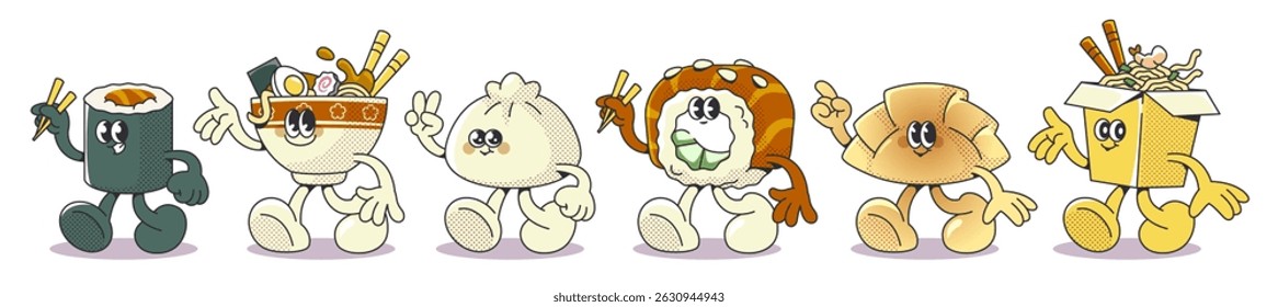 Retro cute sushi character set - cartoon mascots with funny faces holding walking and waving hands. Japanese food elements persons - rolls, bakery and noodle. Kawaii anime style, comic sticker design.