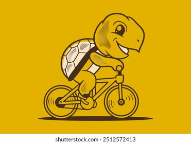 Retro cute turtle riding a bicycle mascot character illustration design