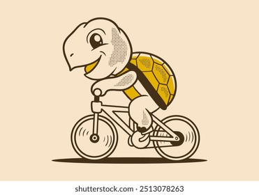 Retro cute turtle riding a bicycle mascot character illustration design