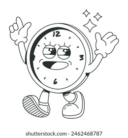 Retro lindo personaje de reloj de pared. Ilustración vectorial en blanco y negro para libro de colorear