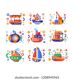 Retro cute water transport set, steamboat, passenger cruise ship, submarine, yacht vector Illustration on a white background