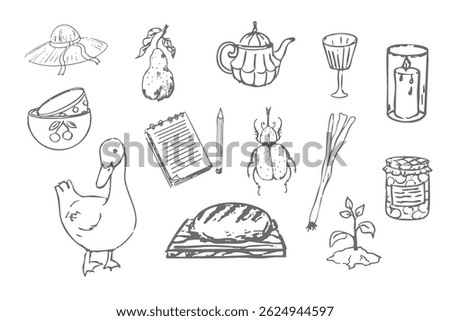 Retro cute whimsy farm themed cottage core aesthetic. Cottagecore set cosy country rural things sketch. Hobby collection, vegetables doodle.