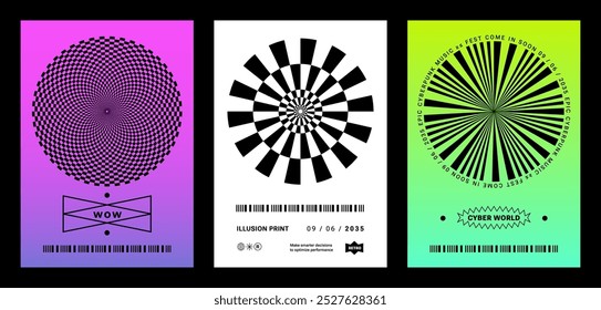 Retro Cyber minimal cartazes geométricos. Circle Vintage Ray Pattern, Neo brutalismo, Glitch efeitos, xadrez Op-art ilusão. Brutal Vaporwave estética, impressões abstratas, design moderno com gradiente