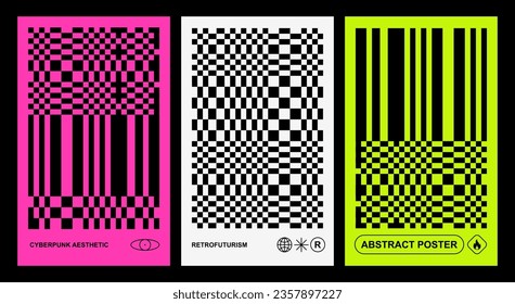 Retro cyber minimal geometric prints. Neo brutalism, Glitch effects, Op-art illusion. Neon color, Black grid. Brutal Vaporwave posters, Cyberpunk aesthetic, modern graphic design. QR Barcode, icons 