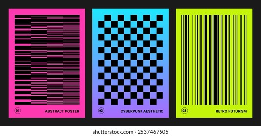 Retro cyber minimal geometric prints. Neo brutalism, Glitch effects, Op-art illusion. Neon color, Black grid. Brutal Vaporwave posters, Cyberpunk aesthetic, modern graphic design. QR Barcode, icons 