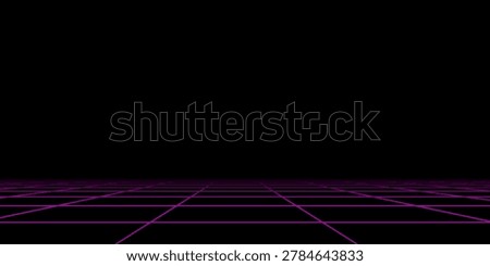 Retro Cyberpunk 80s Sci-Fi Background with Futuristic pink Laser Grid Landscape, Minimalist Digital Cyber Surface perspective Floor for Neon Synthwave or Retrowave Vaporwave Aesthetic Vector Illustration
