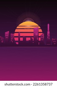 Retro Cyberpunk concept illustration. Social media post template with neon city. Urban card design. Stock vector synthwave poster graphics