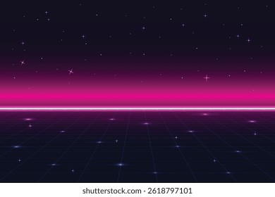 Retro cyberpunk pixel art game scene from the 80s. Dark pink 8-bit sci-fi background. Glowing neon grid and stars from a vintage arcade computer game.