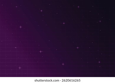 Retro cyberpunk pixel art game scene from the 80s. Dark purple 8-bit sci-fi background. Glowing neon grid and stars from a vintage arcade computer game.