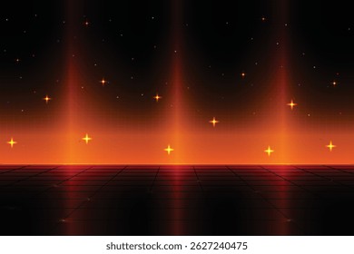 Retro cyberpunk pixel art game scene from the 80s. Dark orange 8-bit sci-fi background. Glowing neon grid and stars from a vintage arcade computer game.