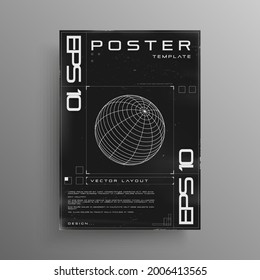 Retro cyberpunk poster with wireframe 3D sphere. Black and white retrofuturistic poster design with HUD cyber elements. Cover design layout for music events. Vector illustration.