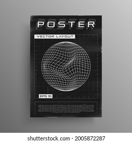 Retro cyberpunk poster with wireframe liquid distorted planet.  Black and white retrofuturistic poster design with trendy HUD and cyber elements. Cover design for music events. Vector illustration.