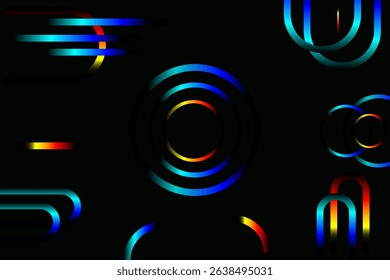 Retro cyberpunk style 80s. Abstract Neon bright lens flare colored on black background. Laser show colorful design for banners advertising technologies