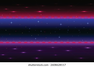 Retro cyberpunk style 80s game scene pixel art 8-bit sci-fi background. glowing neon grid and stars from vintage arcade computer games.