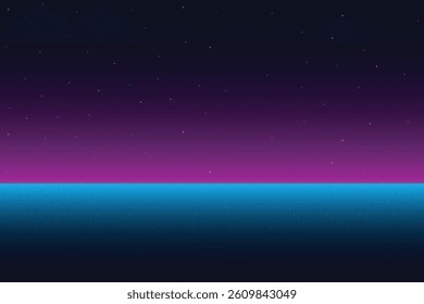 Retro cyberpunk style 80s game scene pixel art 8-bit sci-fi background. glowing neon grid and stars from vintage arcade computer games.