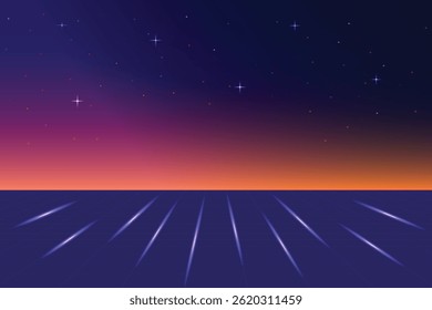 Retro cyberpunk style 80s game scene pixel art 8-bit sci-fi background. glowing neon grid and stars from vintage arcade computer games.