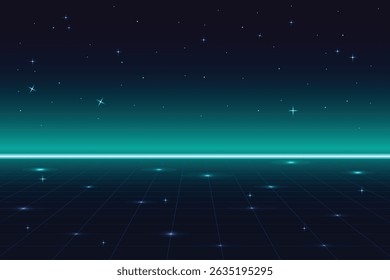Retro cyberpunk style 80s game scene pixel art 8-bit sci-fi background. glowing neon grid and stars from vintage arcade computer games.