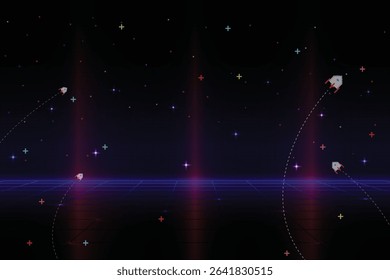 Retro cyberpunk style 80s game scene pixel art 8-bit sci-fi background. glowing neon grid and stars from vintage arcade computer games.	