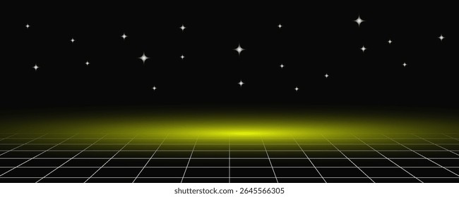 Retro cyberpunk estilo 80s jogo cena pixel art 8-bit sci-fi fundo. grade de neon brilhante e estrelas de vintage arcade jogos de computador.