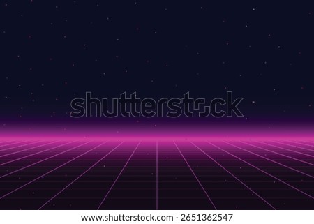 Retro cyberpunk style 80s game scene pixel art 8-bit sci-fi background. glowing neon grid and stars from vintage arcade computer games.