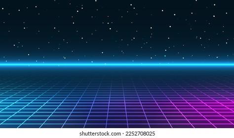 Retro cyberpunk style background. Sci-Fi background. Neon light grid landscapes. 80s, 90s