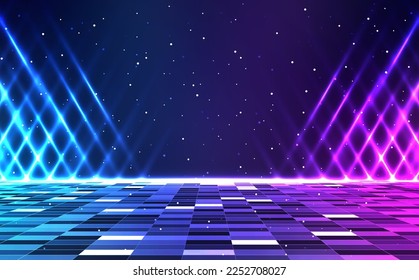 Retro cyberpunk style background. Sci-Fi background. Neon light grid landscapes. 80s, 90s