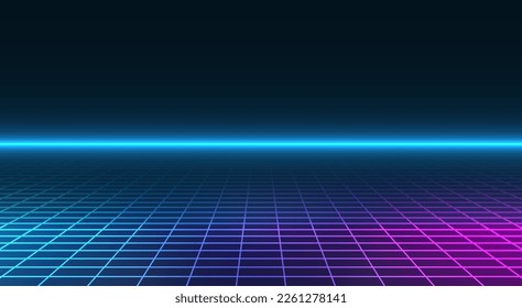 Retro cyberpunk style background. Sci-Fi background. Neon light grid landscapes. 80s, 90s