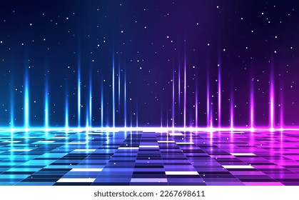 Retro cyberpunk style background. Sci-Fi background. Neon light grid landscapes. 80s, 90s