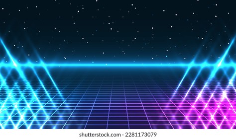 Retro cyberpunk style background. Sci-Fi background. Neon light grid landscapes. 80s, 90s