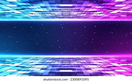 Retro cyberpunk style background. Sci-Fi background. Neon light grid landscapes. 80s, 90s