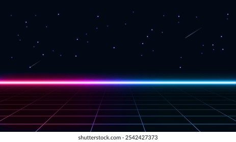 Hintergrund im Cyberpunk-Stil. Sci-Fi-Hintergrund. Neonlichtgitterlandschaften. 80er, 90er JahreRetro Hintergrund futuristische Landschaft 1980er Jahre Stil. Synthwave Wireframe Landschaft.Digitale Retro Landschaft Cyber.