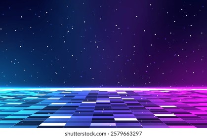 Retro cyberpunk style background. Sci-Fi background. Neon light grid landscapes. 80s, 90s