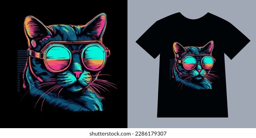 Retro cyberpunk style cat print for t-shirt design