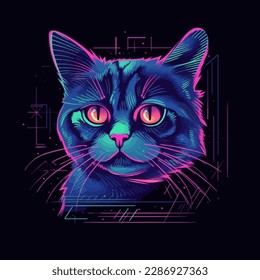 Retro cyberpunk style cat. vector illustration
