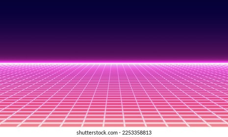 Retro cyberpunk style. Technology background perspective retro grid. Digital wireframe landscape. Futuristic cyber surface 80s Sci-Fi background