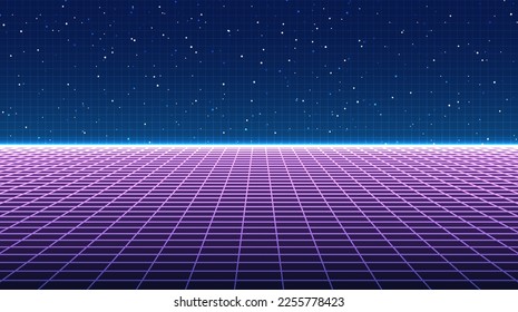 Retro cyberpunk style. Technology background perspective retro grid. Digital wireframe landscape. Futuristic cyber surface 80s Sci-Fi background