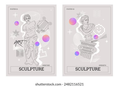 Retro cyberpunk Y2K 2000 vector illustrations set with classical statues amidst geometric patterns, offering a blend of ancient and digital art in posters.