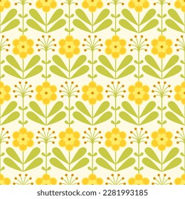 Daffodils retro, vectorial simple patrón floral con flores y hojas amarillas. Fondo inmaculado, huella retro para el verano de primavera en estilo moderno de mediados de siglo