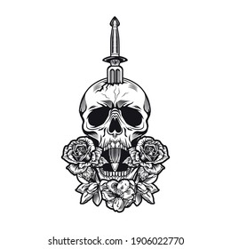Retro dagger and roses tattoo design. Monochrome element with flowers, skull pierced with knife vector illustration in vintage style. Blade weapon concept for symbols or emblems templates