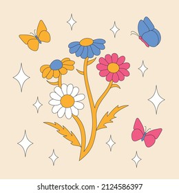 Retro daisies with butterflies and sparkles. Summer simple minimalist flowers. 70’s style plants. Yellow spring daisy. Colorful background. Vector illustration.