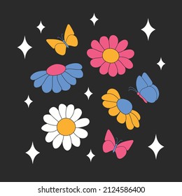 Las margaritas retro con mariposas y chispas. Flores minimalistas de verano. Plantas de estilo años 70. Daisy de primavera amarilla. Fondo colorido. Ilustración vectorial.